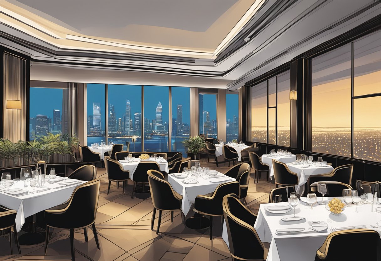 The bustling ambiance of Spago Singapore, with its sleek interior and panoramic city views, creates an inviting atmosphere for diners enjoying gourmet cuisine and signature cocktails