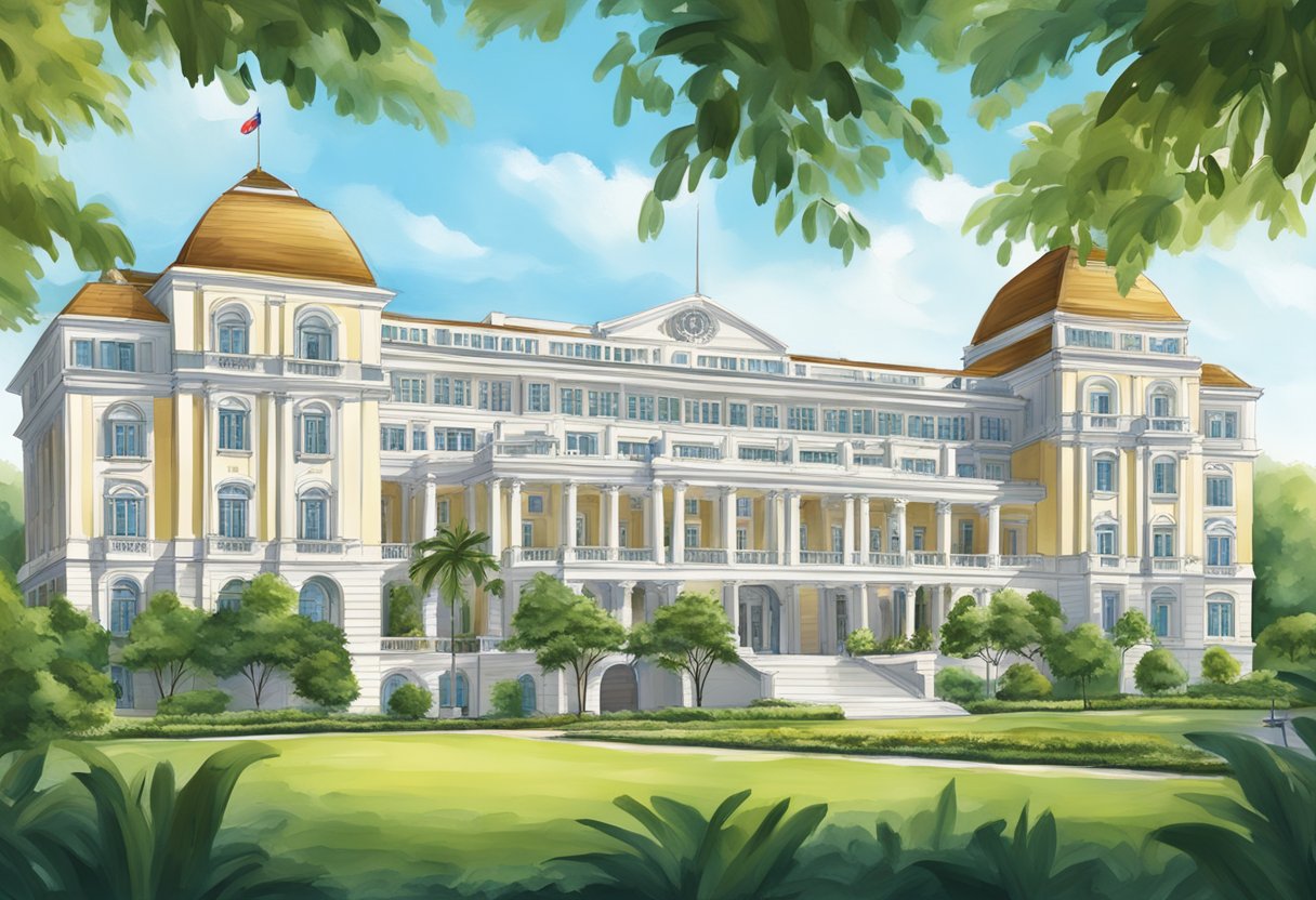 The grand facade of Capitol Kempinski Hotel, with its colonial-style architecture and lush greenery, stands tall against the clear blue sky