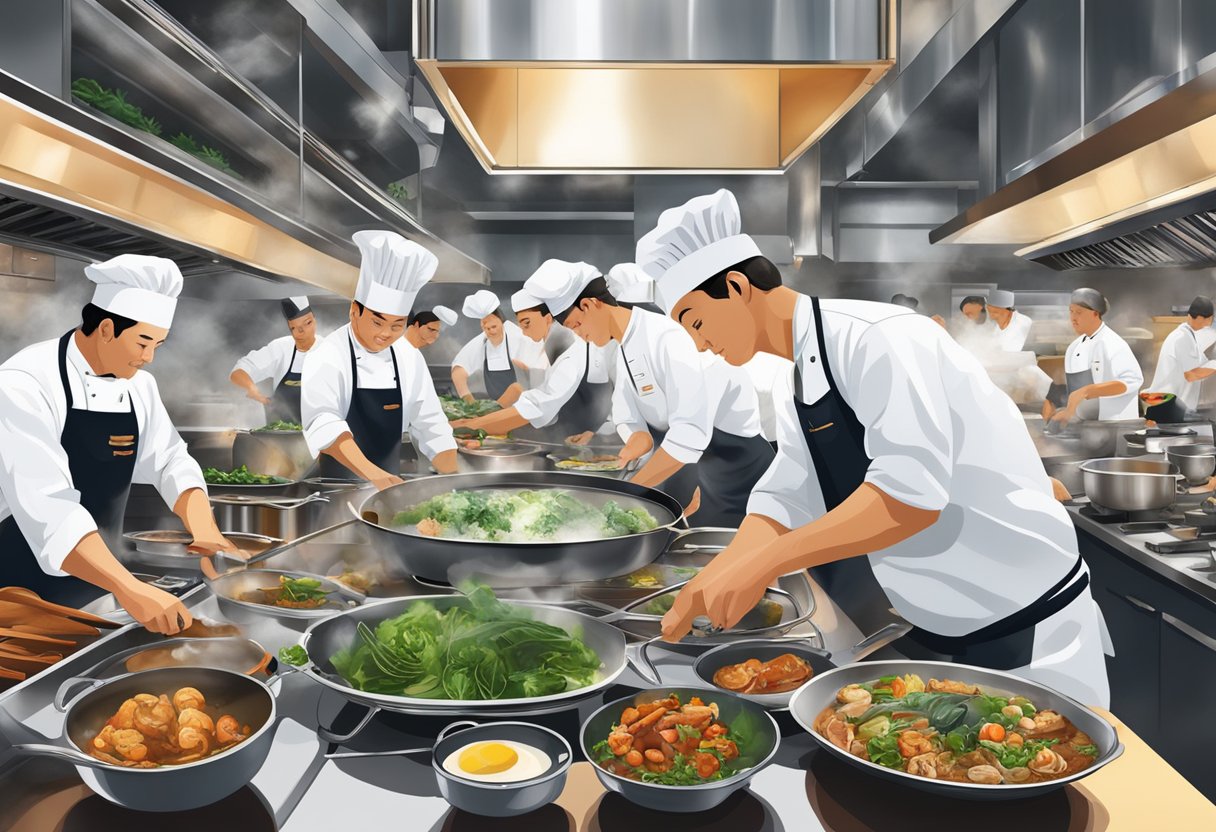 A bustling open kitchen at Spago Singapore, with chefs expertly preparing vibrant dishes amidst the sizzle of pans and the aromatic waft of herbs and spices