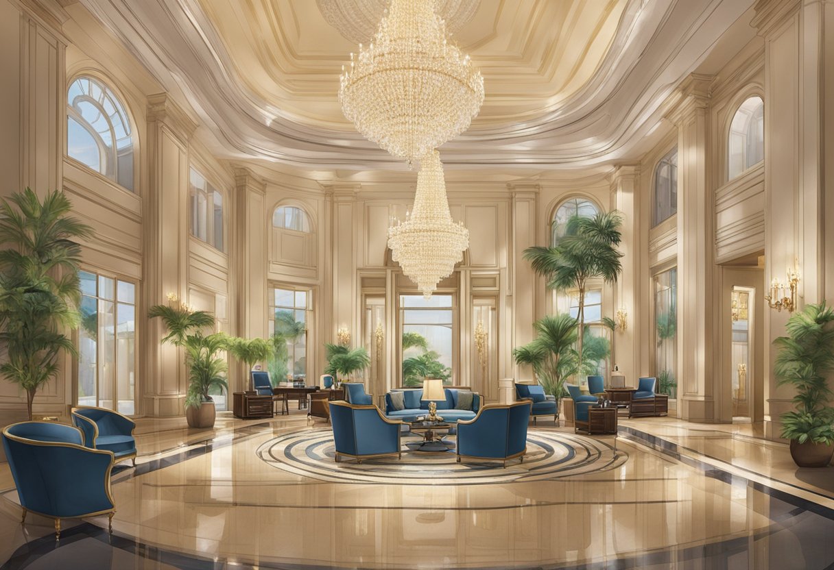 The grand lobby of Capitol Kempinski Hotel, with luxurious furnishings and elegant decor. A sparkling chandelier hangs from the ceiling, while a concierge desk stands ready to assist guests