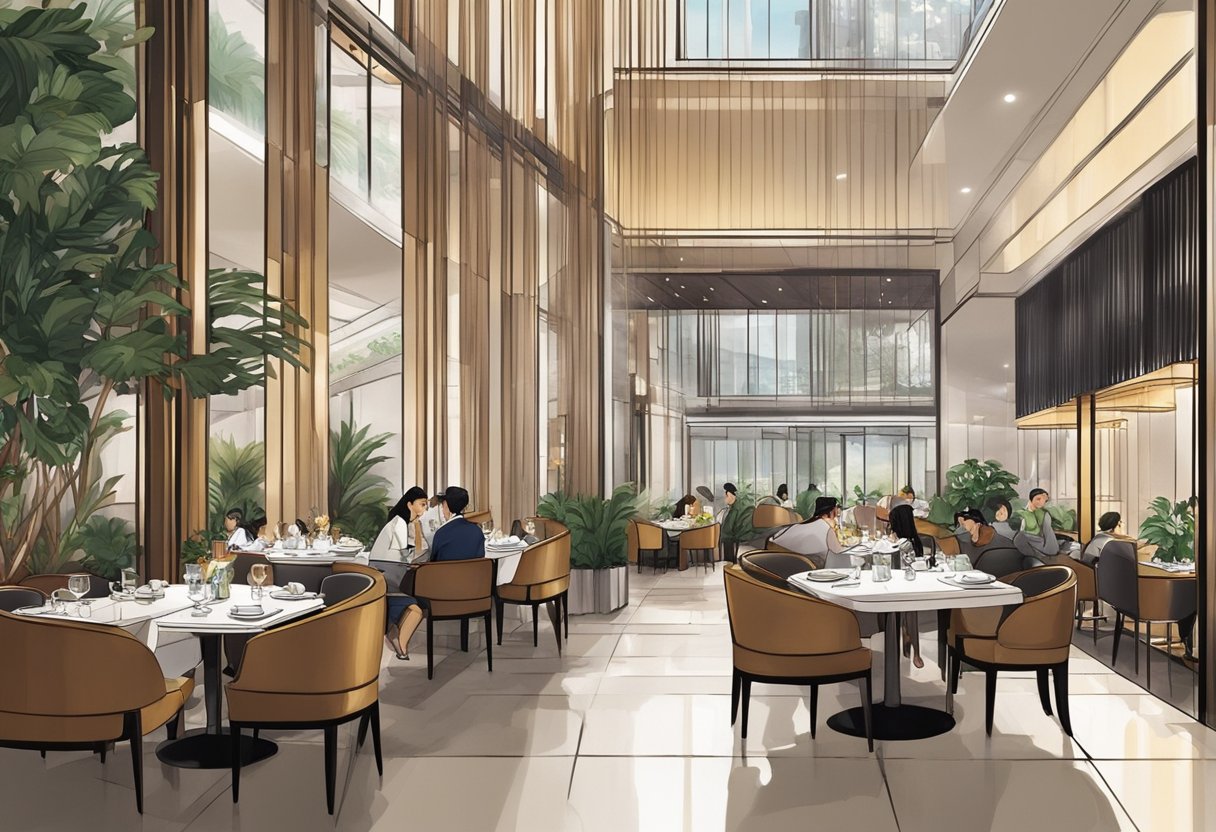 The bustling streets of Singapore surround the elegant and modern ambiance of Spago. The restaurant's sleek design and vibrant atmosphere create a captivating scene for any illustrator to recreate