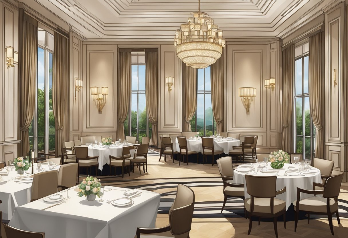 The elegant dining room at the Capitol Kempinski Hotel in Singapore, with luxurious furnishings and a sophisticated ambiance