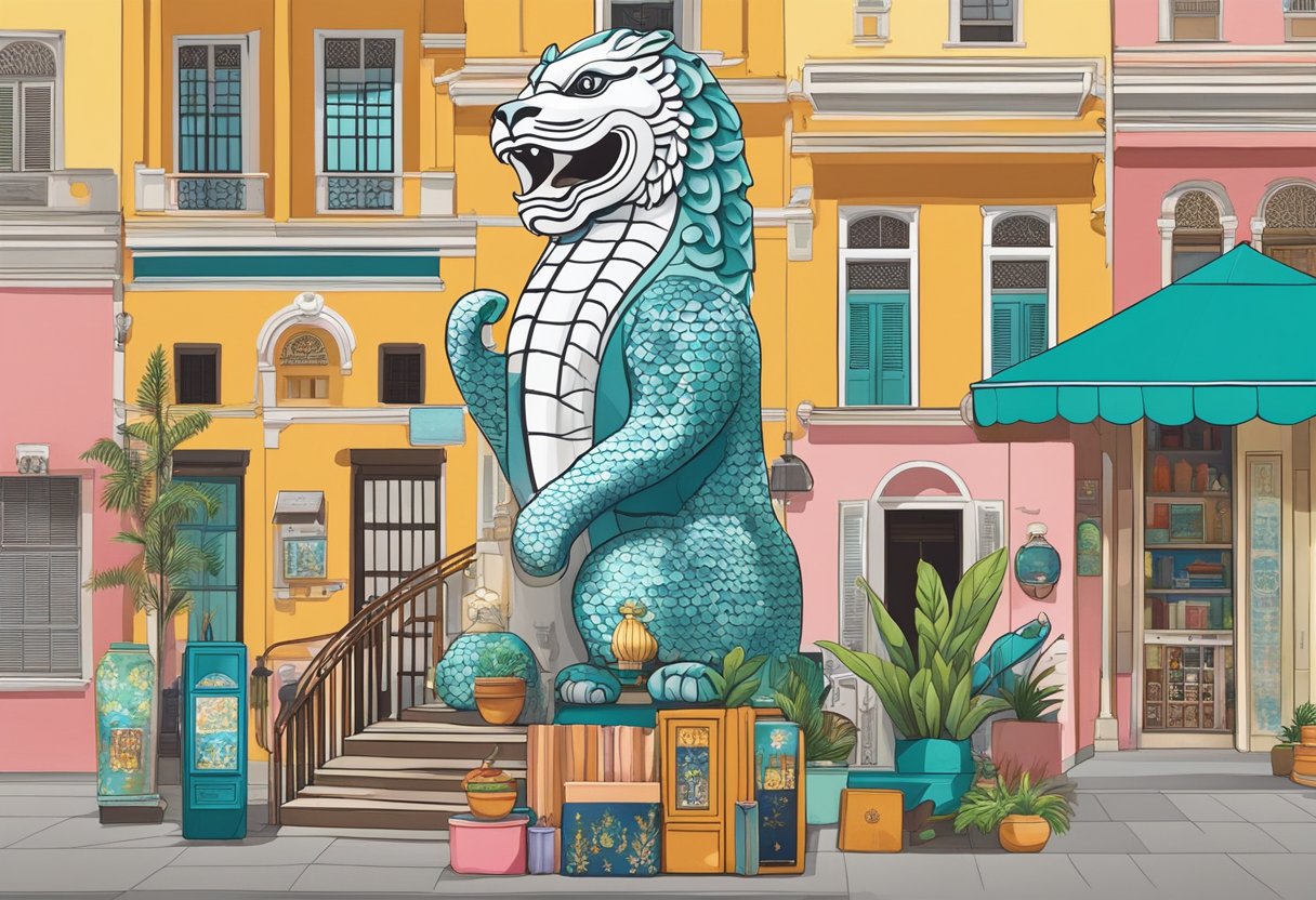 A colorful display of iconic Singapore souvenirs, including Merlion keychains, Peranakan shophouse magnets, and traditional batik prints