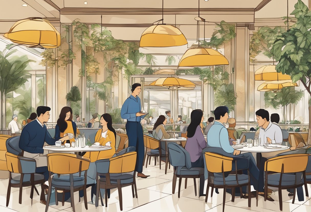 A bustling restaurant with patrons enjoying their meals, a prominent sign reading "Frequently Asked Questions" at Spago Singapore
