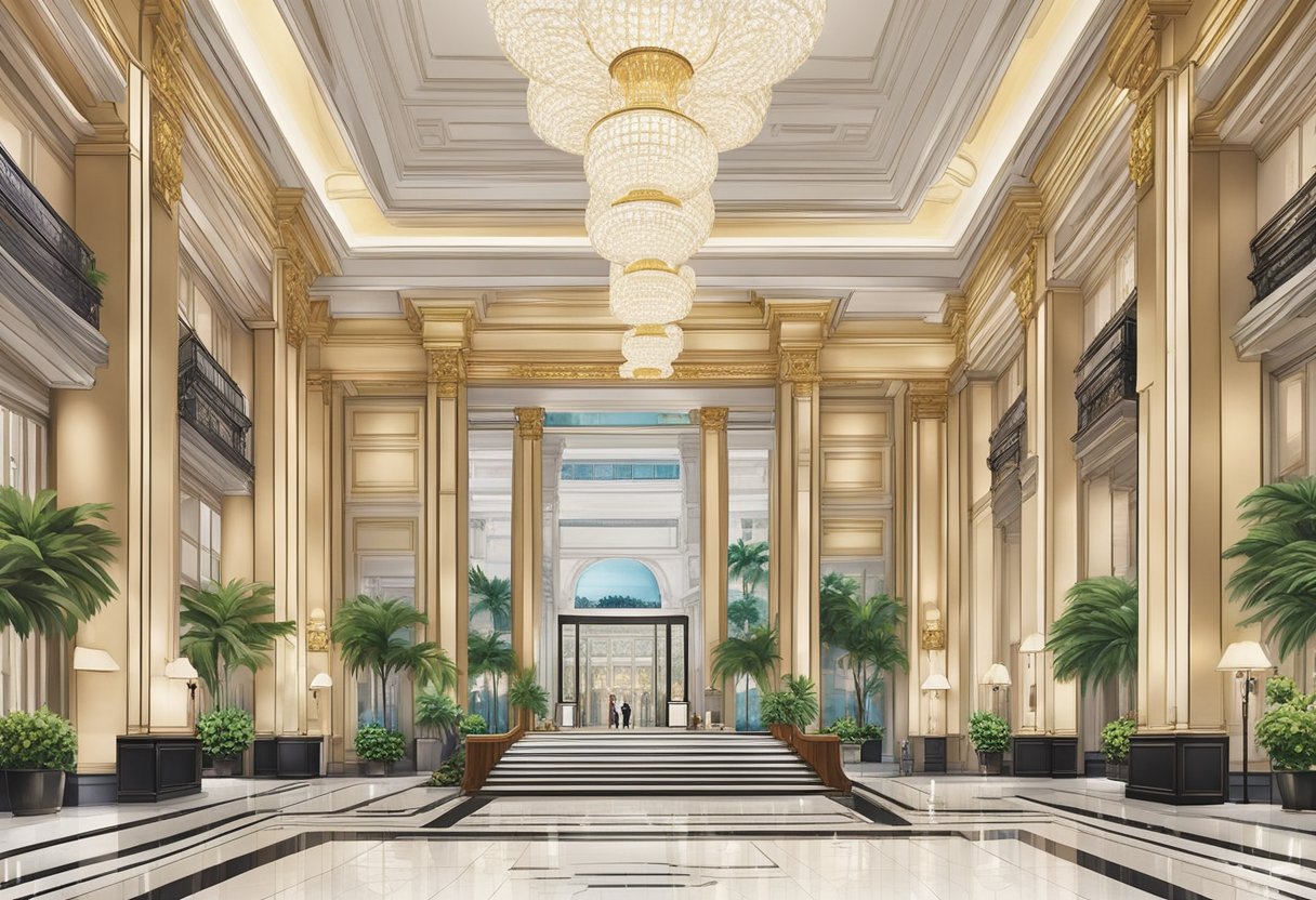 The grand entrance of the Capitol Kempinski Hotel in Singapore, with its elegant architecture and bustling lobby, welcomes guests with a sense of luxury and sophistication