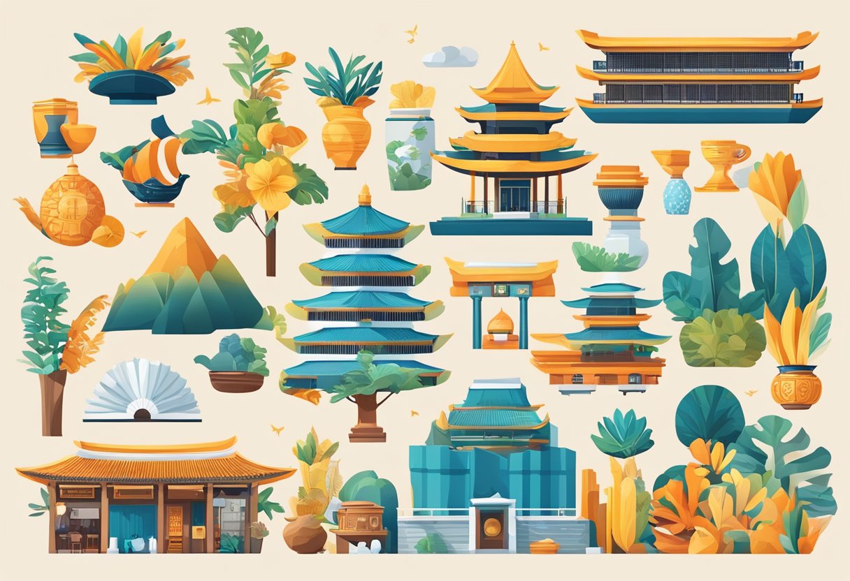 A vibrant display of Singaporean souvenirs and artistic finds, including traditional crafts, textiles, and iconic landmarks