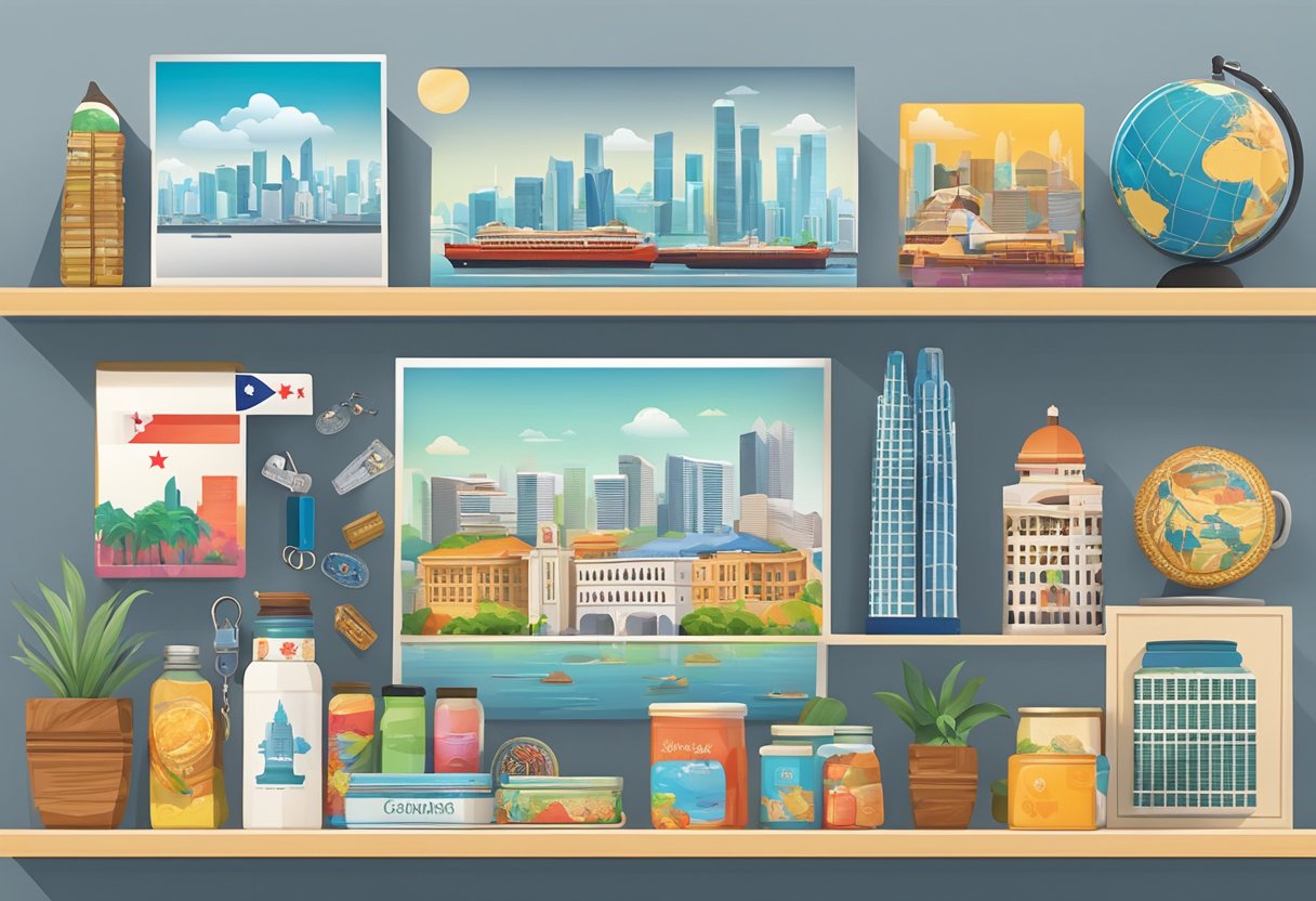 A display of iconic Singapore souvenirs, including keychains, magnets, and postcards, arranged neatly on a shelf with a backdrop of the city skyline