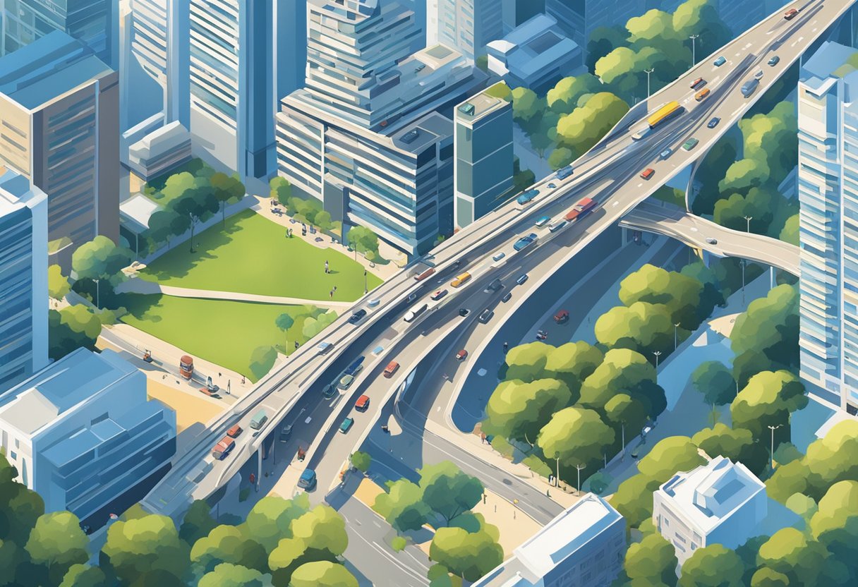 The clock reads 3:30 PM in Singapore. The sun is shining brightly in the clear blue sky, casting shadows on the bustling streets below