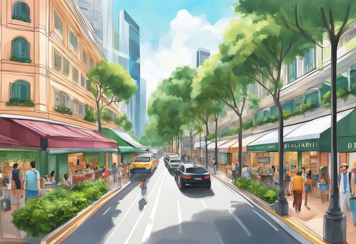 A bustling street in Singapore, with colorful buildings and lush greenery. The iconic Bulgari store stands out with its sleek and modern design