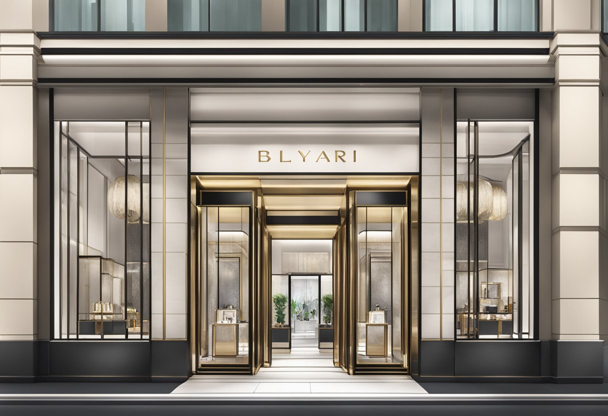 The Bulgari Boutique in Singapore is a modern, sleek storefront with a luxurious interior, showcasing elegant jewelry and accessories