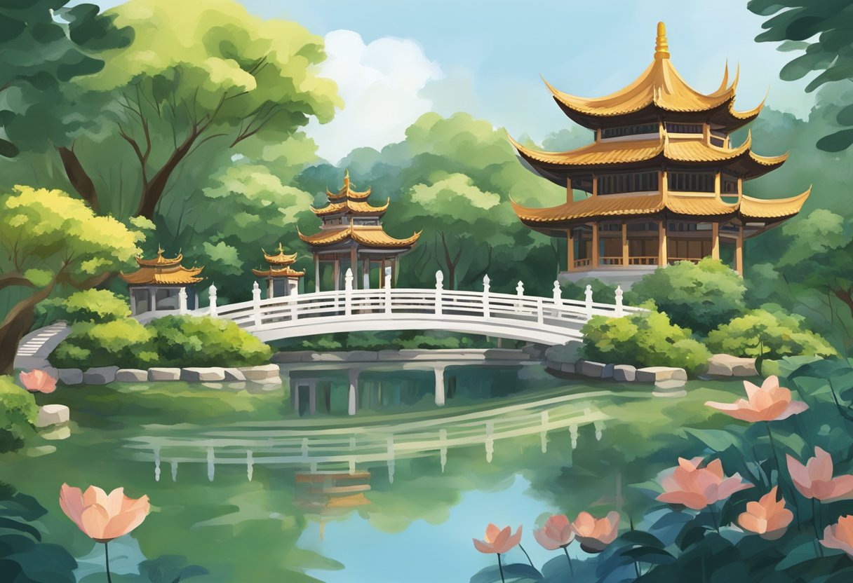 Lush greenery, ornate pagodas, and tranquil ponds fill the Chinese Garden in Singapore. Delicate bridges and traditional architecture create a serene atmosphere