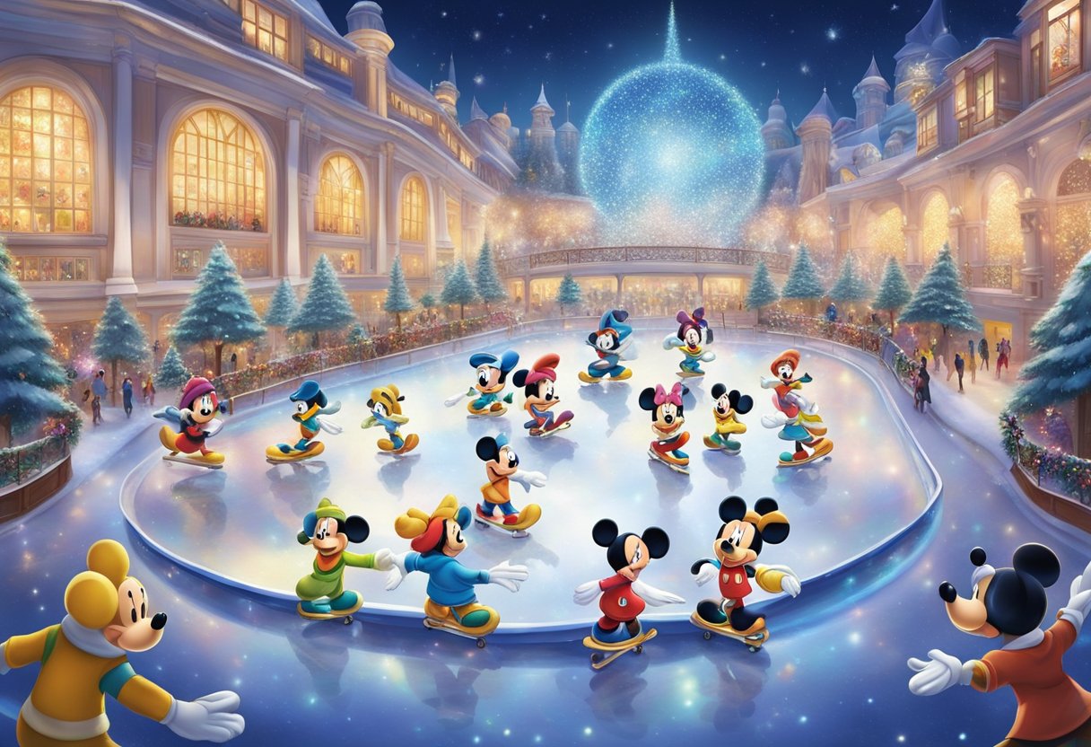 Mickey and friends skate on a sparkling ice rink in Singapore, surrounded by colorful lights and enchanting music
