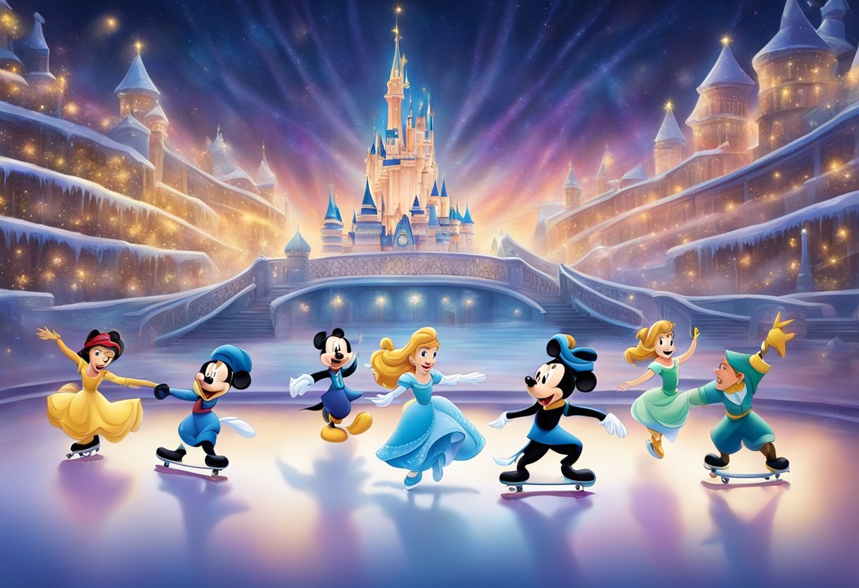 The iconic Disney characters skate gracefully on the ice, surrounded by colorful lights and enchanting music, captivating the audience with their magical performances