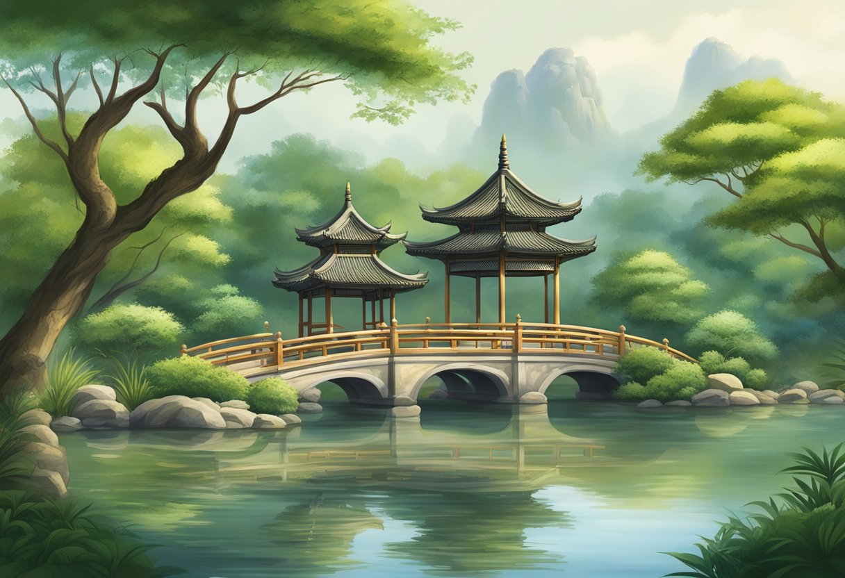 Lush greenery surrounds a tranquil pond with a traditional Chinese pavilion, stone bridges, and intricate pagodas, creating a serene and picturesque landscape
