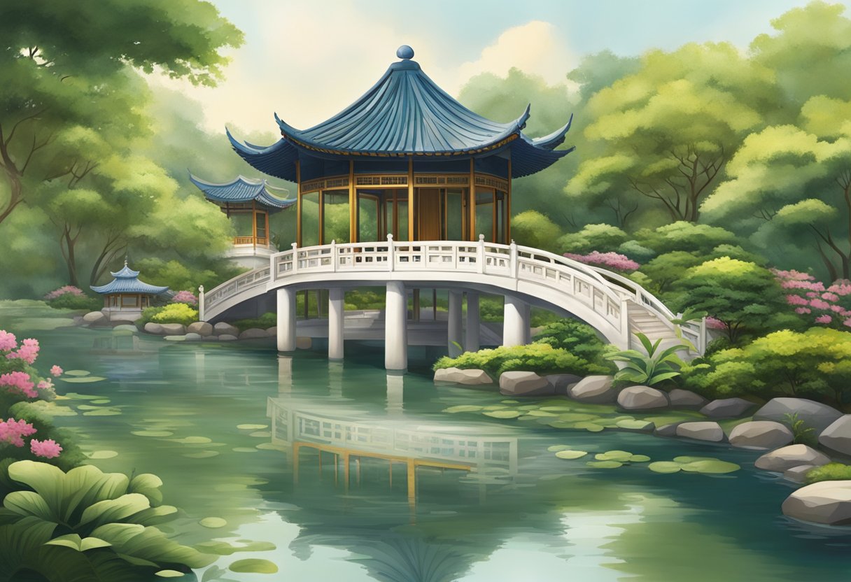 Lush greenery surrounds a tranquil pond with a traditional Chinese pavilion at its center. Delicate bridges and winding pathways lead visitors through the serene landscape of the Chinese Garden in Singapore