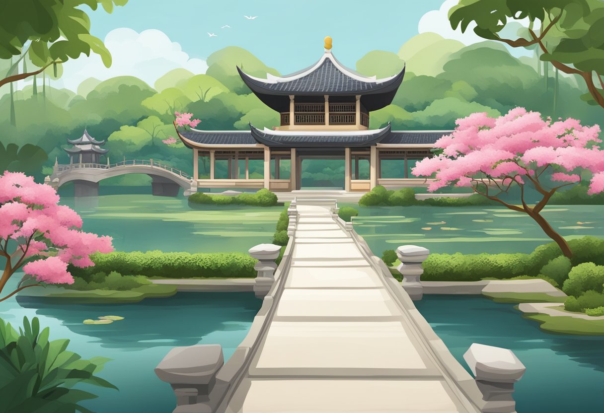 A serene Chinese garden in Singapore, featuring traditional architecture, lush greenery, and tranquil ponds
