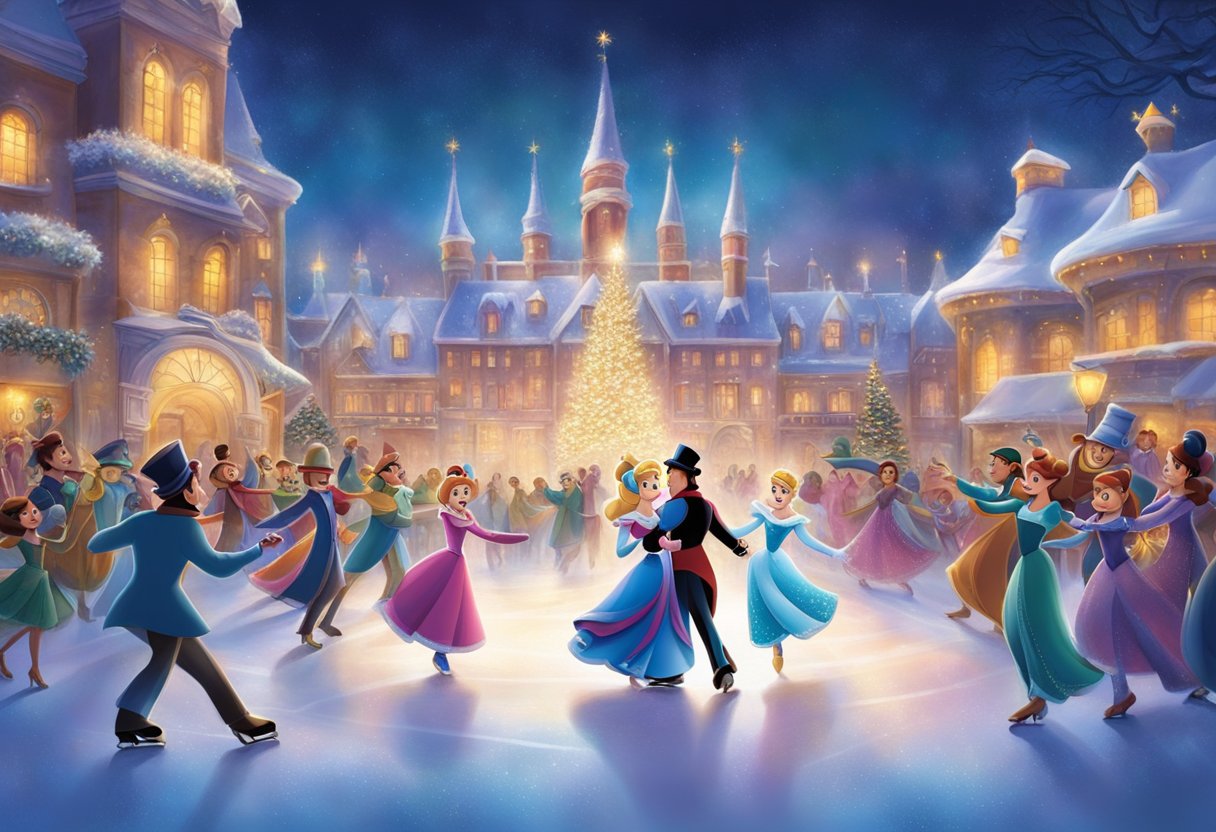Colorful lights illuminate the ice rink as characters from Disney movies glide gracefully, captivating the audience with their dazzling costumes and enchanting performances