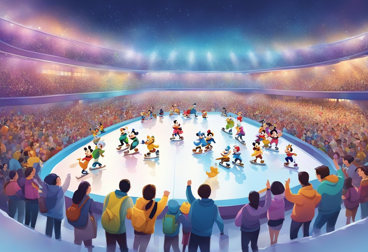 Colorful Disney characters skate on an icy stage, surrounded by excited audience in Singapore