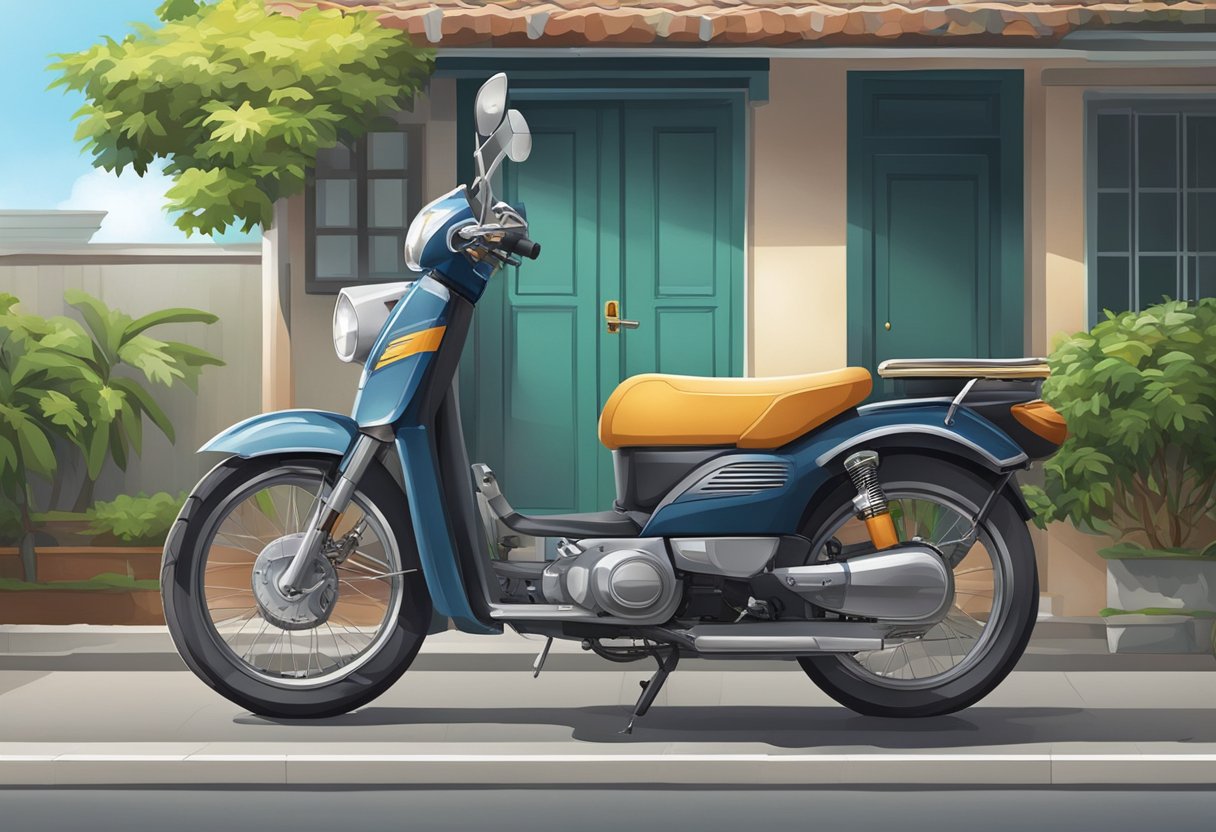 A delivery motorcycle parked outside a Singaporean home, with a bag of food placed on the doorstep