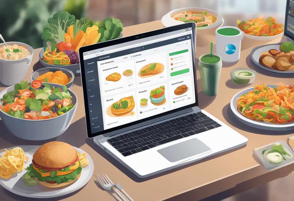 A person's laptop open on a table, with a variety of delicious food options displayed on the screen. A smartphone nearby, showing a food delivery app