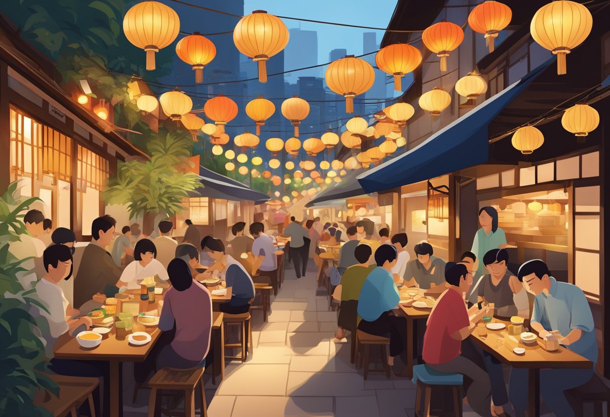 A bustling izakaya in Singapore with colorful lanterns, wooden tables, and a lively atmosphere. Patrons enjoy Japanese cuisine and drinks while the aroma of sizzling skewers fills the air