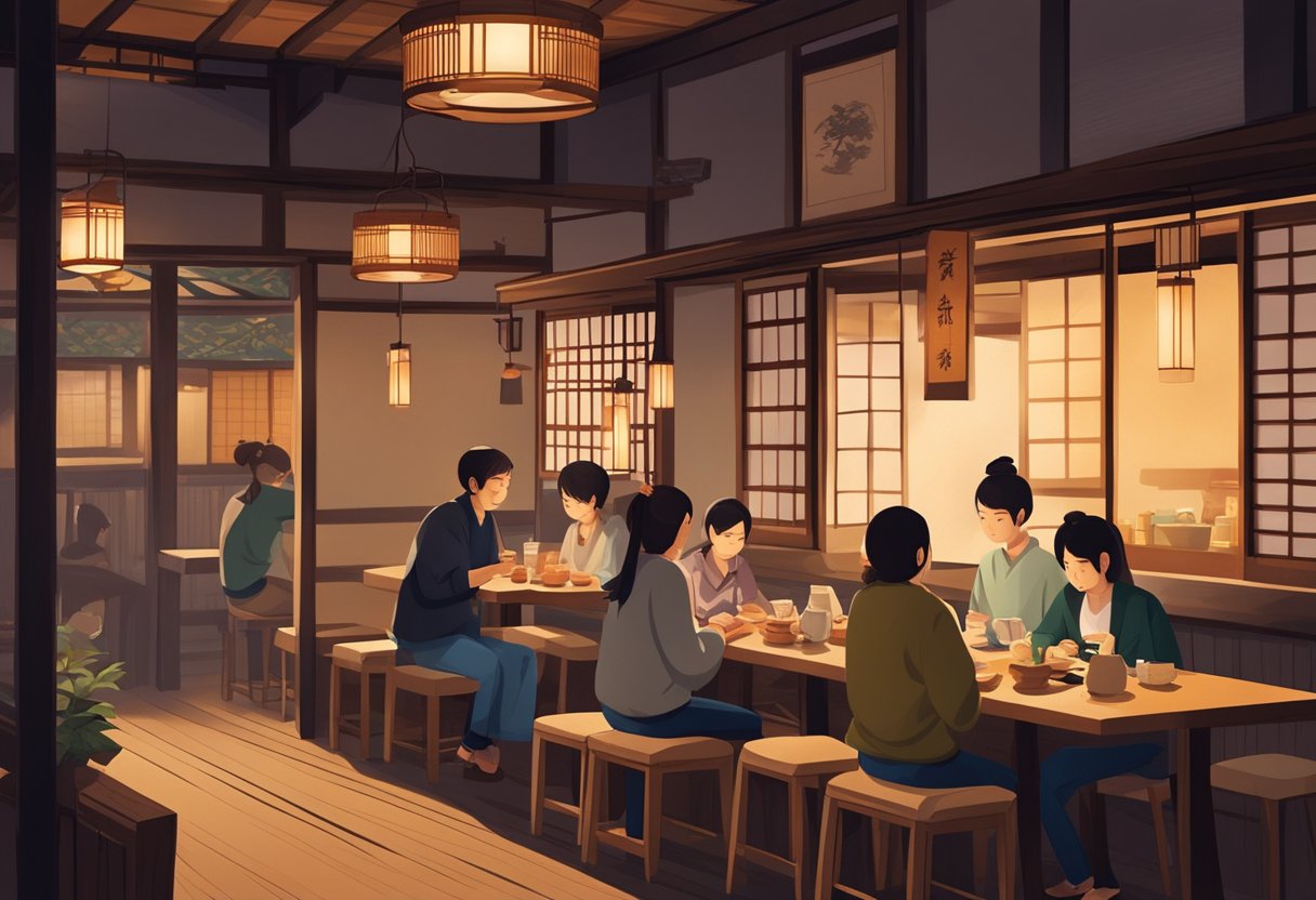 Customers enjoying Japanese izakaya dishes and drinks in a cozy, dimly lit setting with traditional decor and lively atmosphere