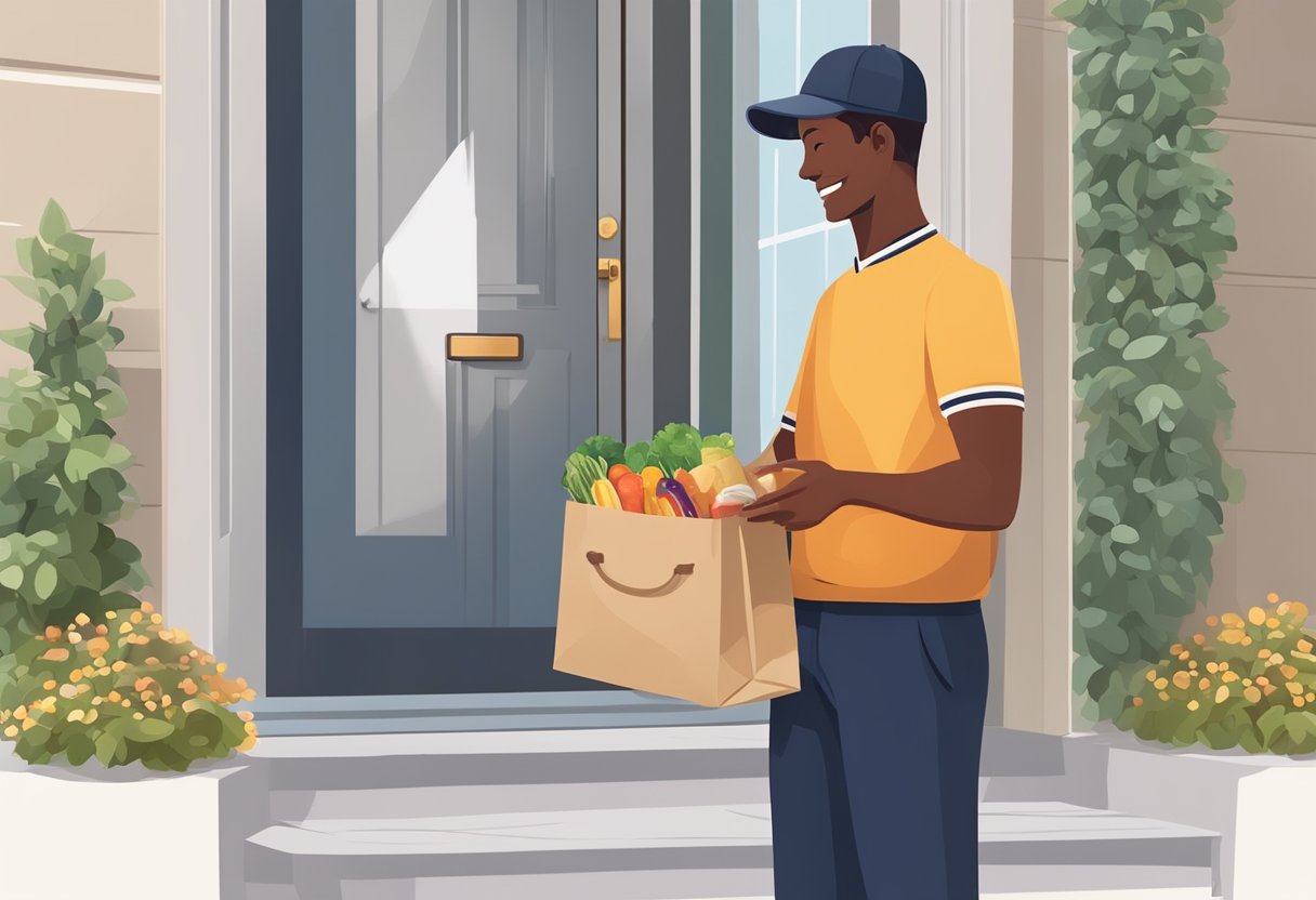 A delivery person placing a neatly packed bag of food on a doorstep, with a smartphone displaying a confirmation message and a satisfied customer's review