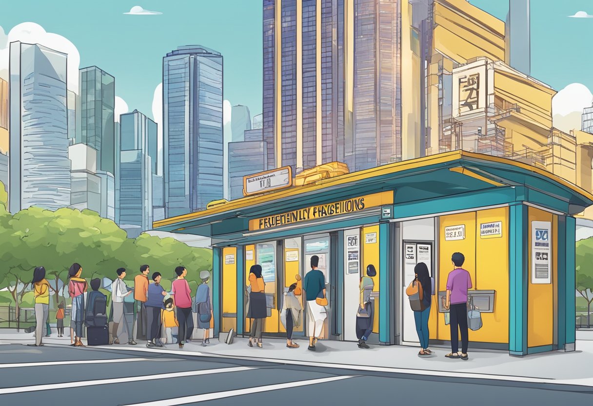 Movie ticket booth with "Frequently Asked Questions" sign, people in line, and Singapore skyline in the background
