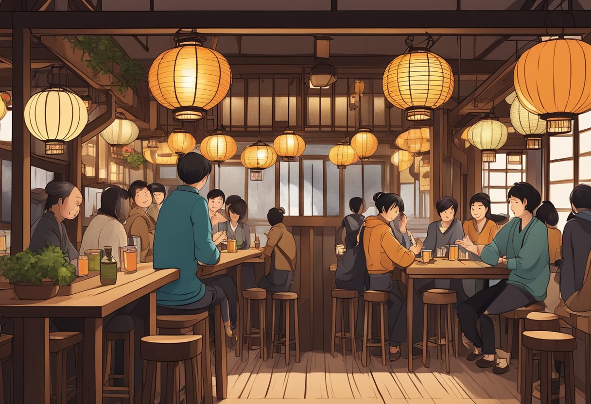 A cozy izakaya with traditional lanterns, wooden tables, and a bustling bar. Customers enjoy small plates and drinks while chatting and laughing