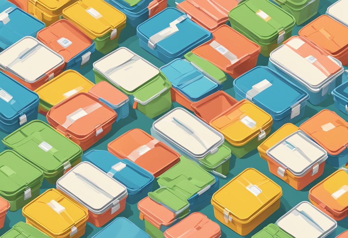 A stack of food delivery containers surrounded by question marks and a map of Singapore