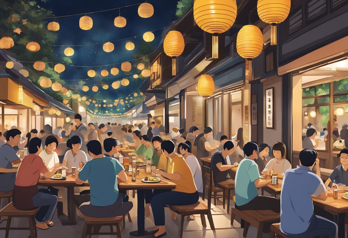 Customers enjoying food and drinks at a bustling izakaya in Singapore. Tables filled with small plates and drinks, with a lively atmosphere