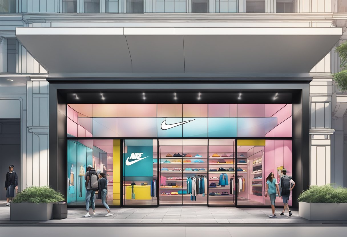 The Nike shop in Singapore features sleek, modern architecture with bold branding and large windows showcasing the latest footwear and apparel