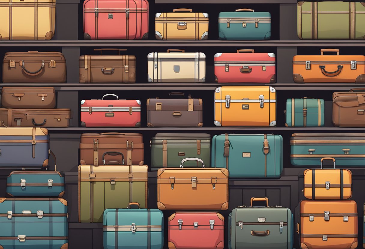 Shelves stacked with discounted suitcases and travel bags at a Singapore luggage sale