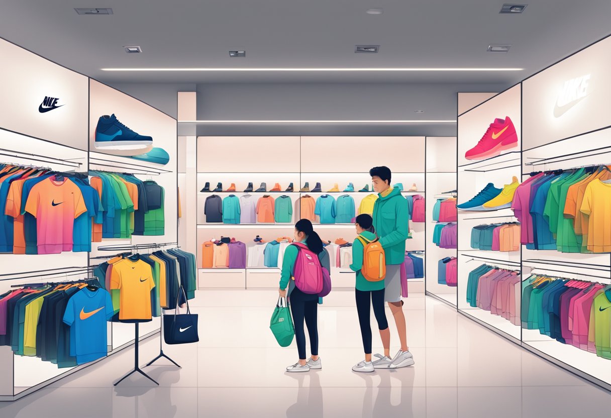 People browsing Nike stores in Singapore, trying on shoes, and admiring the latest sportswear