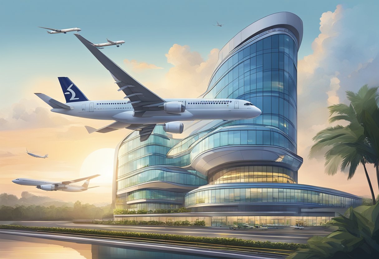 A sleek, modern hotel nestled within the bustling Singapore airport, with glass walls offering views of planes taking off and landing