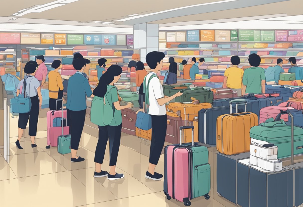 Customers browse luggage displays, while staff assist with account management at a bustling sale in Singapore