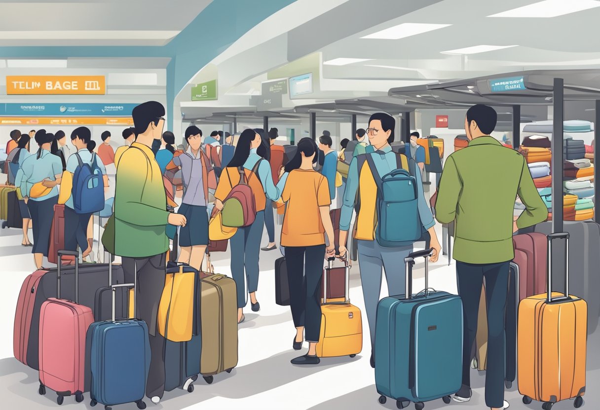 A bustling luggage sale in Singapore with customers browsing through various bags and suitcases, while staff members assist and answer frequently asked questions