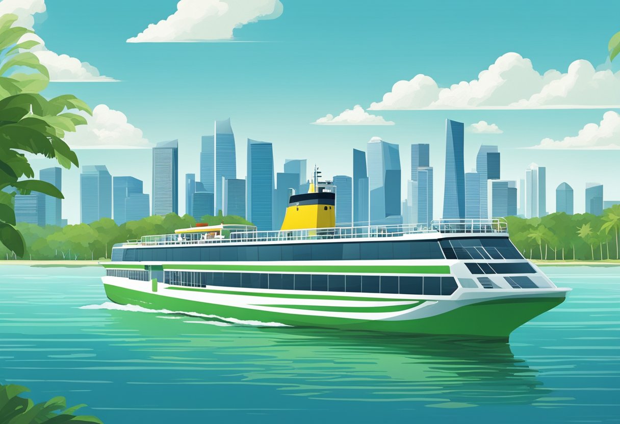 A ferry glides across calm waters, passing lush green islands under a clear blue sky, with the iconic Singapore skyline in the distance