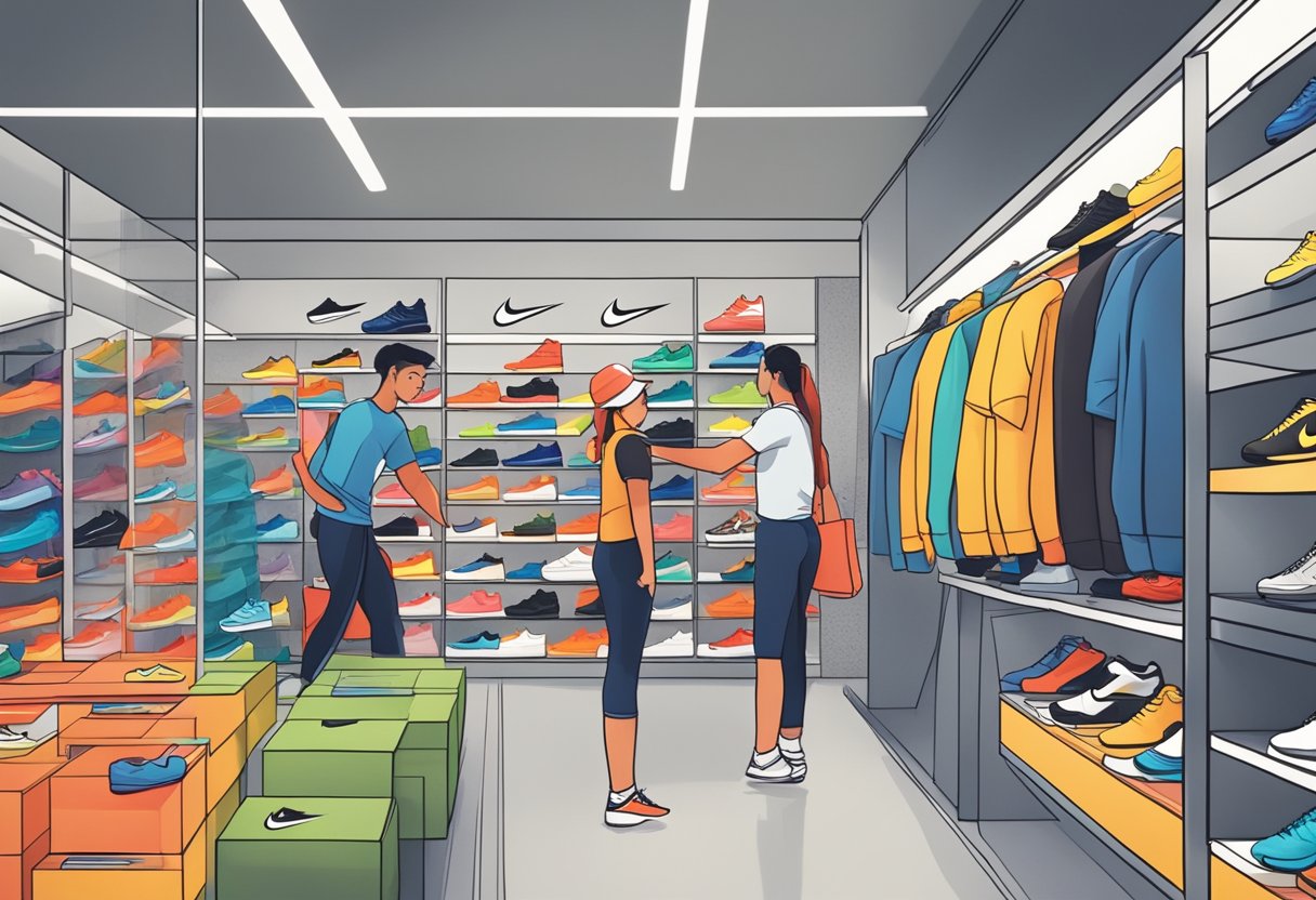 Customers browsing shelves, trying on shoes, and asking staff questions at a Nike shop in Singapore