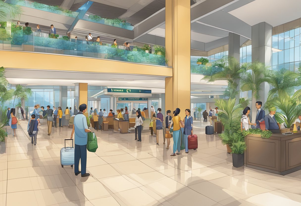 A bustling hotel lobby at Singapore airport, with travelers checking in and out, staff assisting guests, and a prominent "Frequently Asked Questions" sign