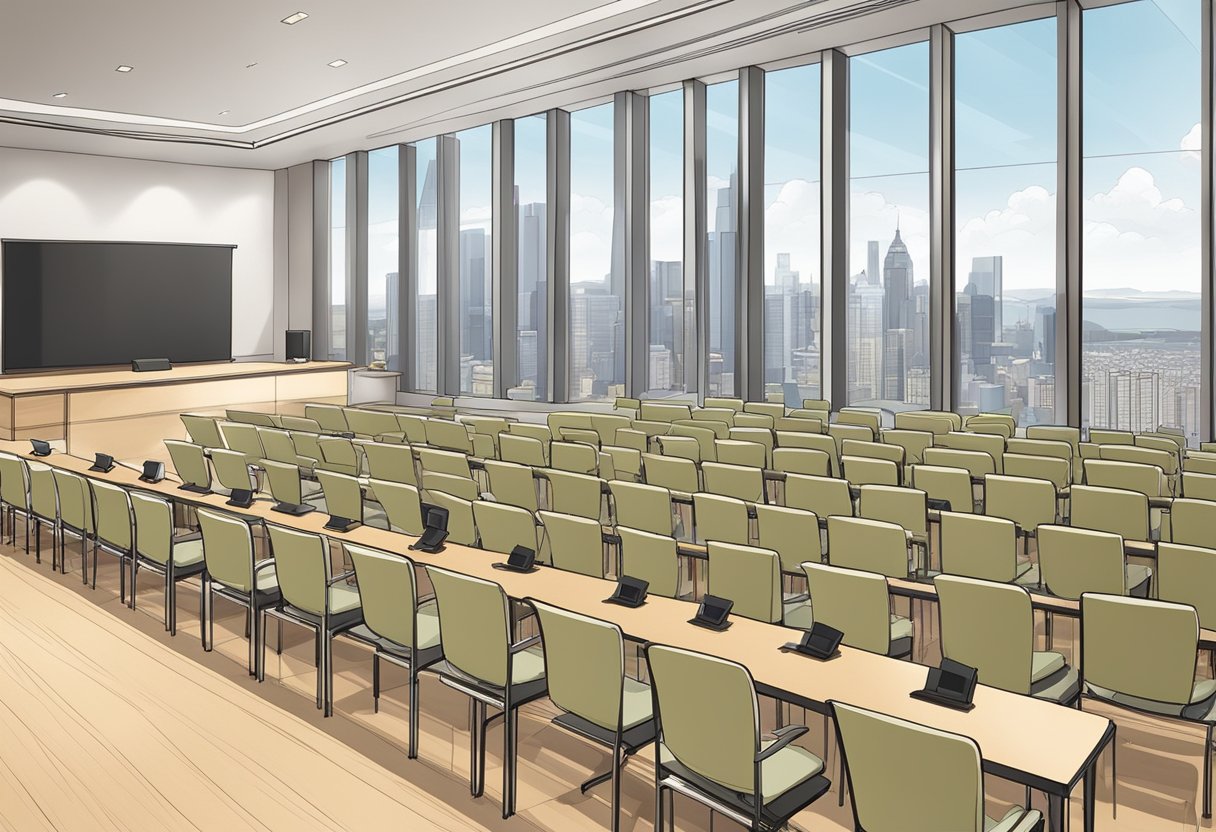 A spacious conference hall with modern, sleek design, filled with rows of chairs facing a stage and podium. Large windows allow natural light to flood the room, with views of the city skyline in the background