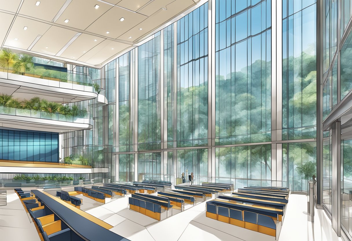The Singapore conference hall stands tall, with modern glass facades and sleek lines, showcasing its architectural significance