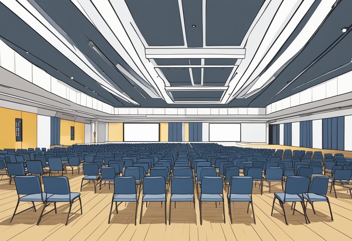 A modern conference hall in Singapore, filled with rows of chairs, a large stage, and high-tech audiovisual equipment