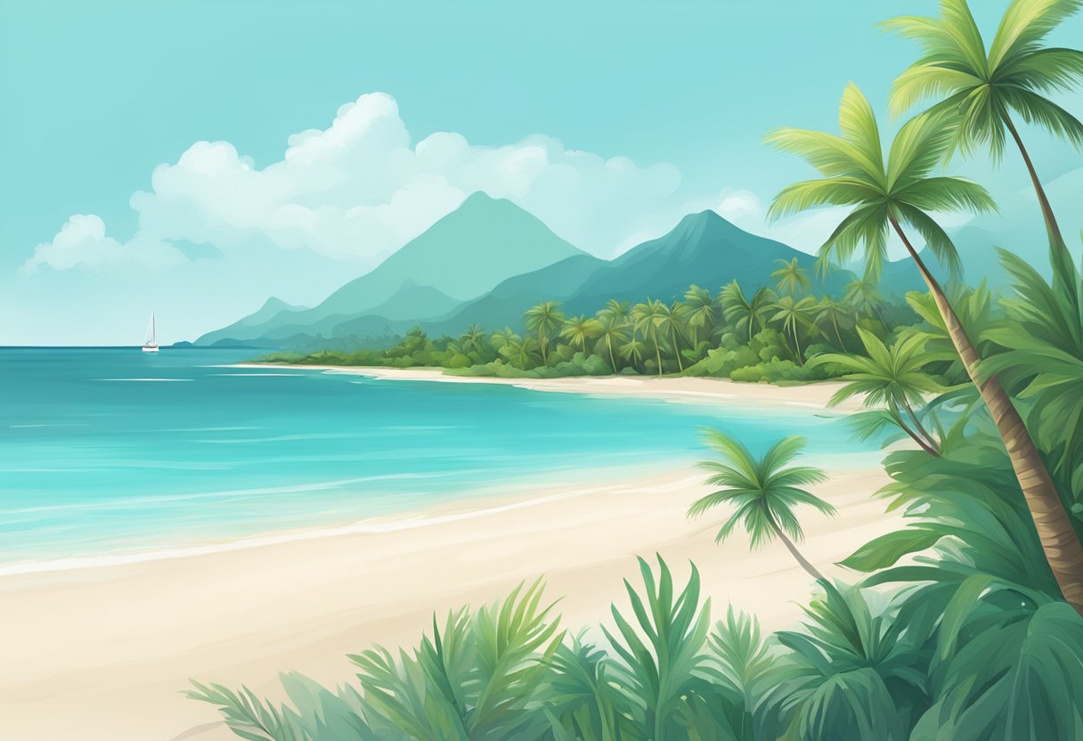 A pristine beach with turquoise waters, palm trees, and a distant tropical island, perfect for short getaways from Singapore