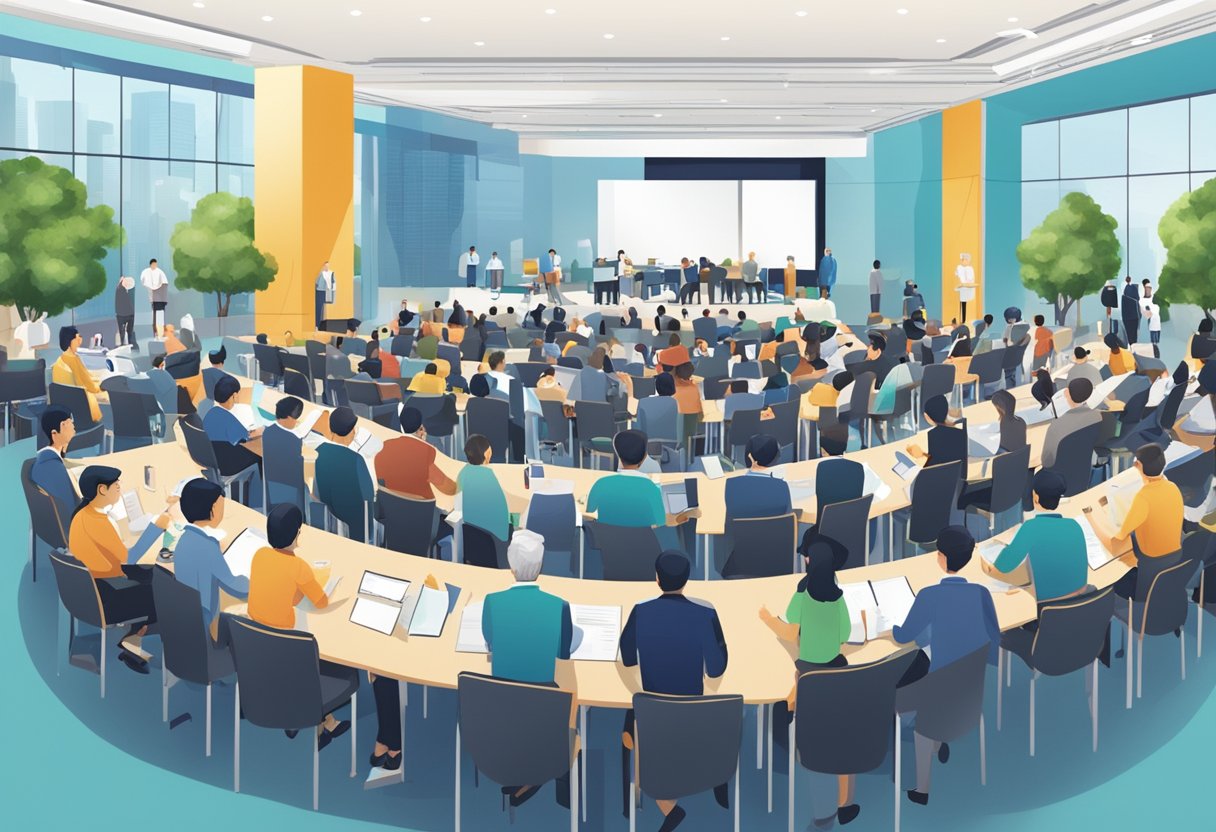 A bustling conference hall in Singapore, with attendees engaging in discussions and presentations, surrounded by booths and banners showcasing various companies and organizations