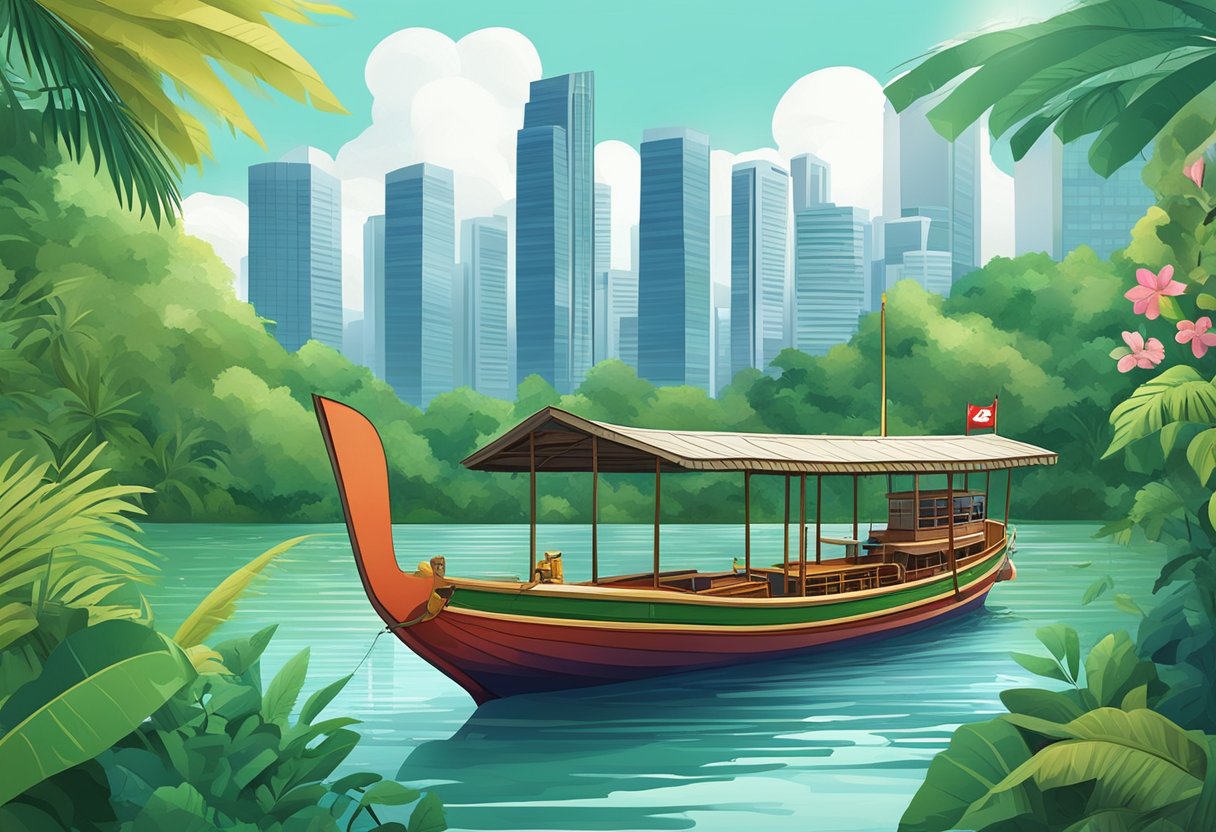 A colorful traditional Singaporean boat sails through lush jungle, with towering city skyscrapers in the background