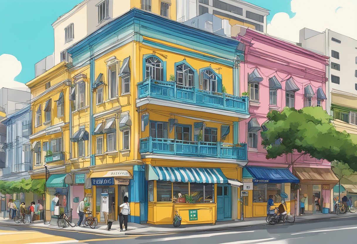 The Snooze Inn on Dunlop Street, Singapore, with its colorful facade and bustling street scene