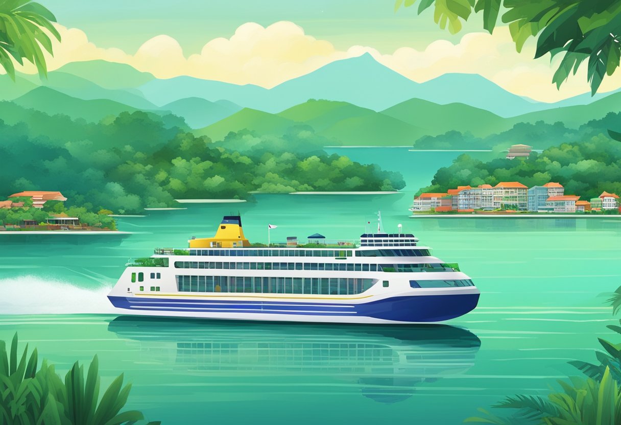 A ferry glides across the shimmering waters from Singapore to Batam, passing by lush green islands and distant city skylines