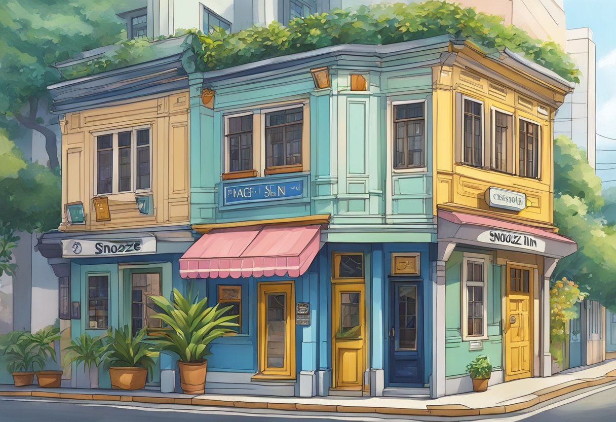 The Snooze Inn on Dunlop Street, Singapore, features a quaint, colorful facade with a charming sign and welcoming entrance