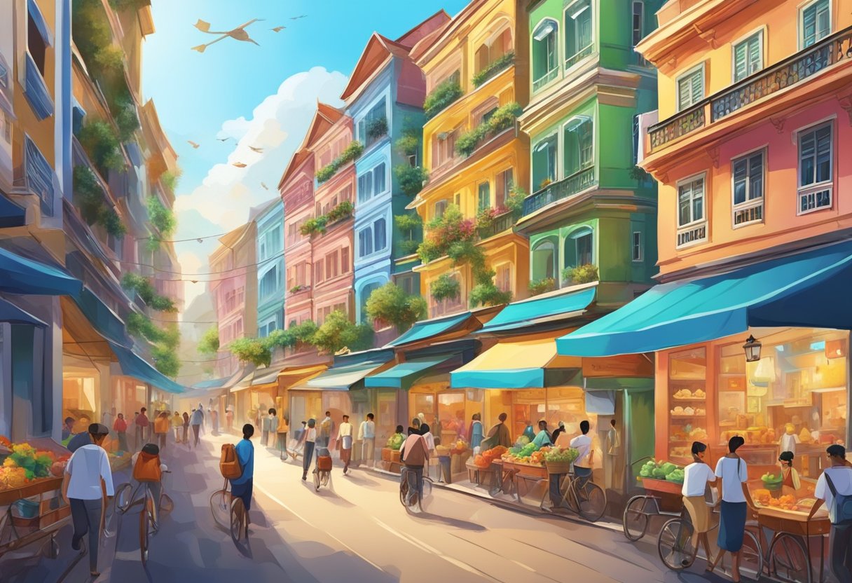 A colorful street lined with shophouses, bustling with activity. Brightly lit signs and bustling crowds create a lively atmosphere